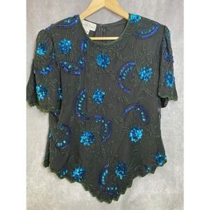 Lawrence Kazar Black Silk Beaded Sequin Pearl Evening Top Vintage 80's 90s XL
